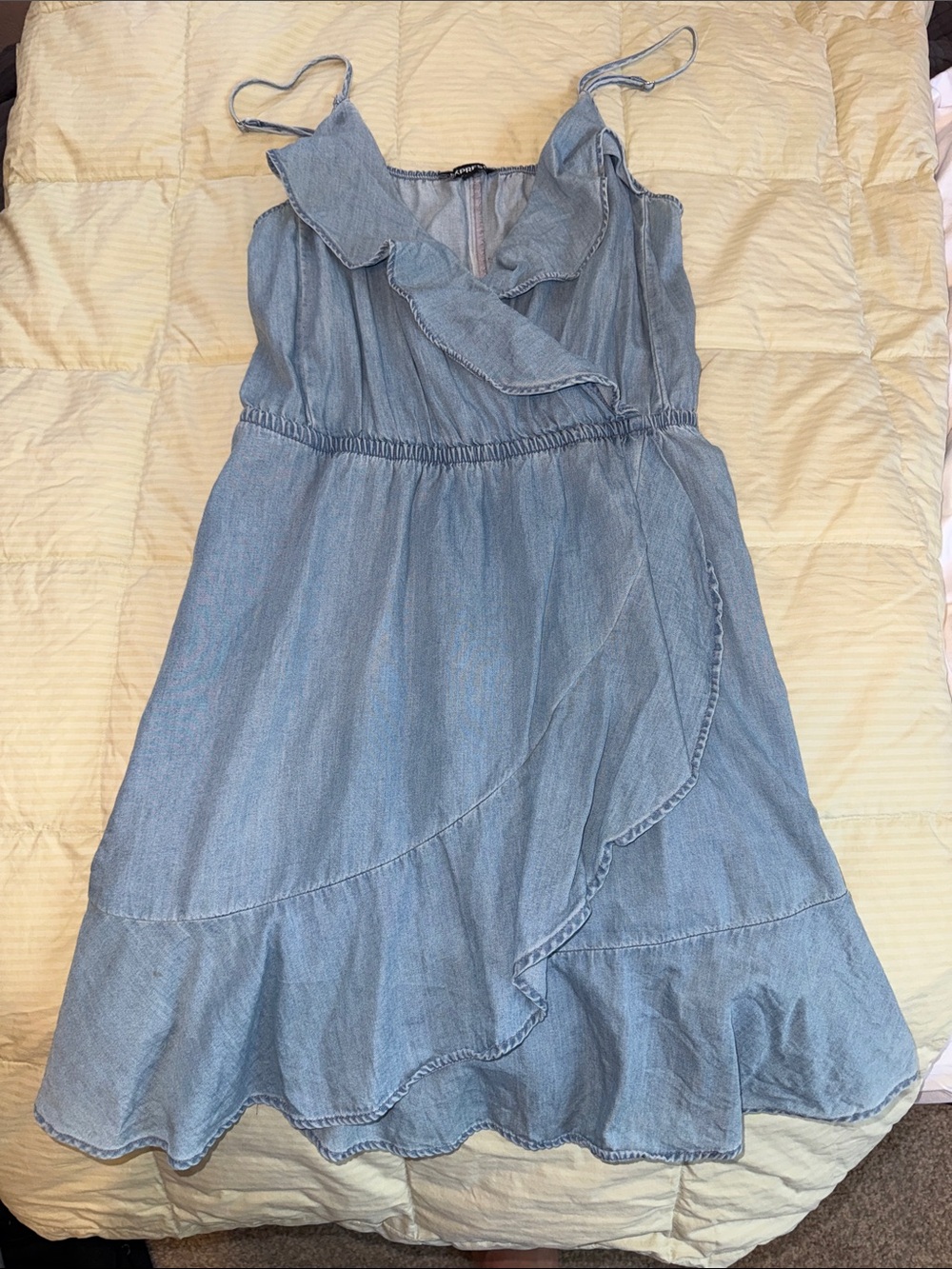 Express Light Blue Chambray Ruffle Wrap Dress